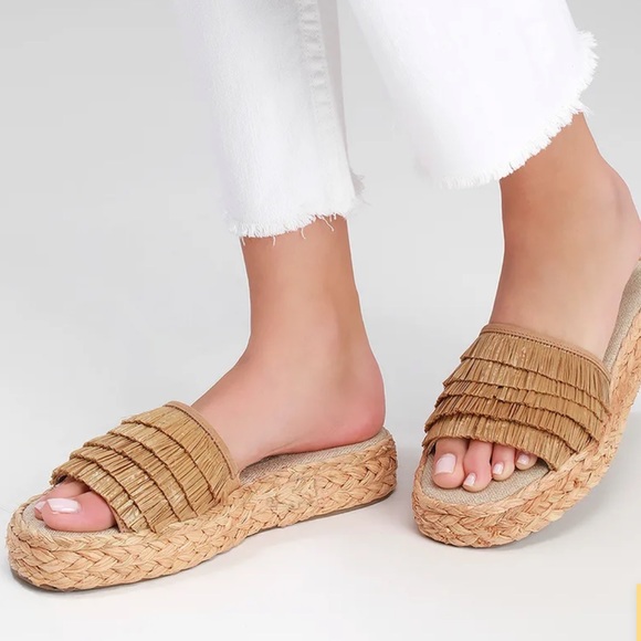 Band of Gypsies Hula Natural Raffia Fringe Slide Platform Sandals 8 - Picture 5 of 5